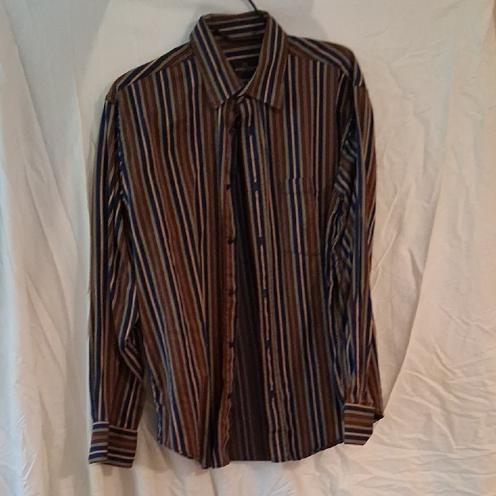 Bugatchi Men's Brown and Blue Striped Shirt
